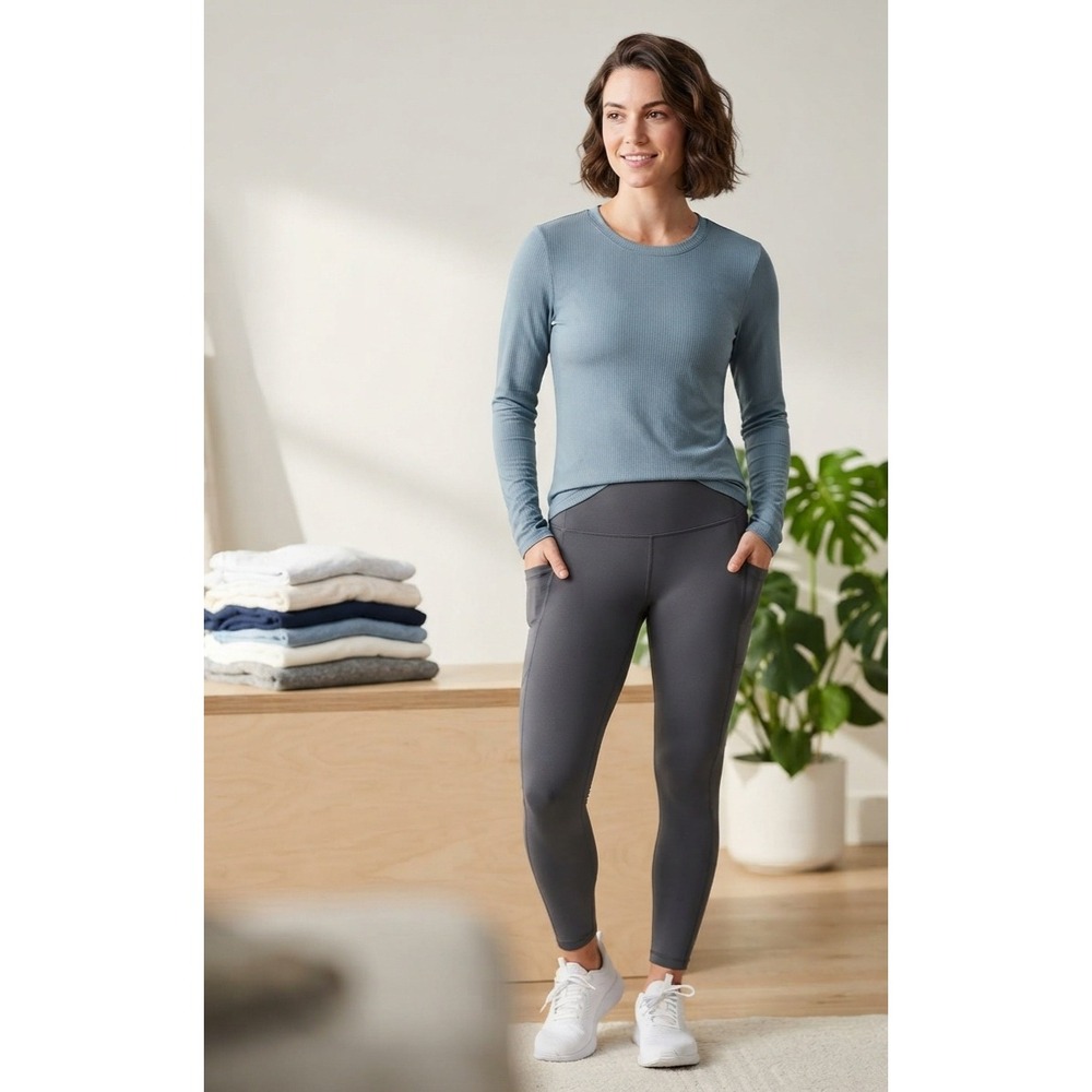 Danskin Womens Ribbed Long Sleeve Active Top Blue Thumbhole Crew Neck M 9850